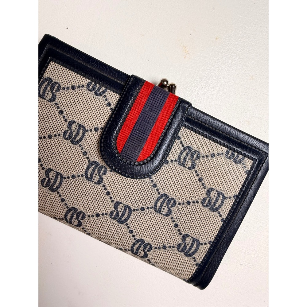 SD Monogram‎ Bifold Wallet Women OS Navy Beige Excellent Web Stripe Kiss-lock